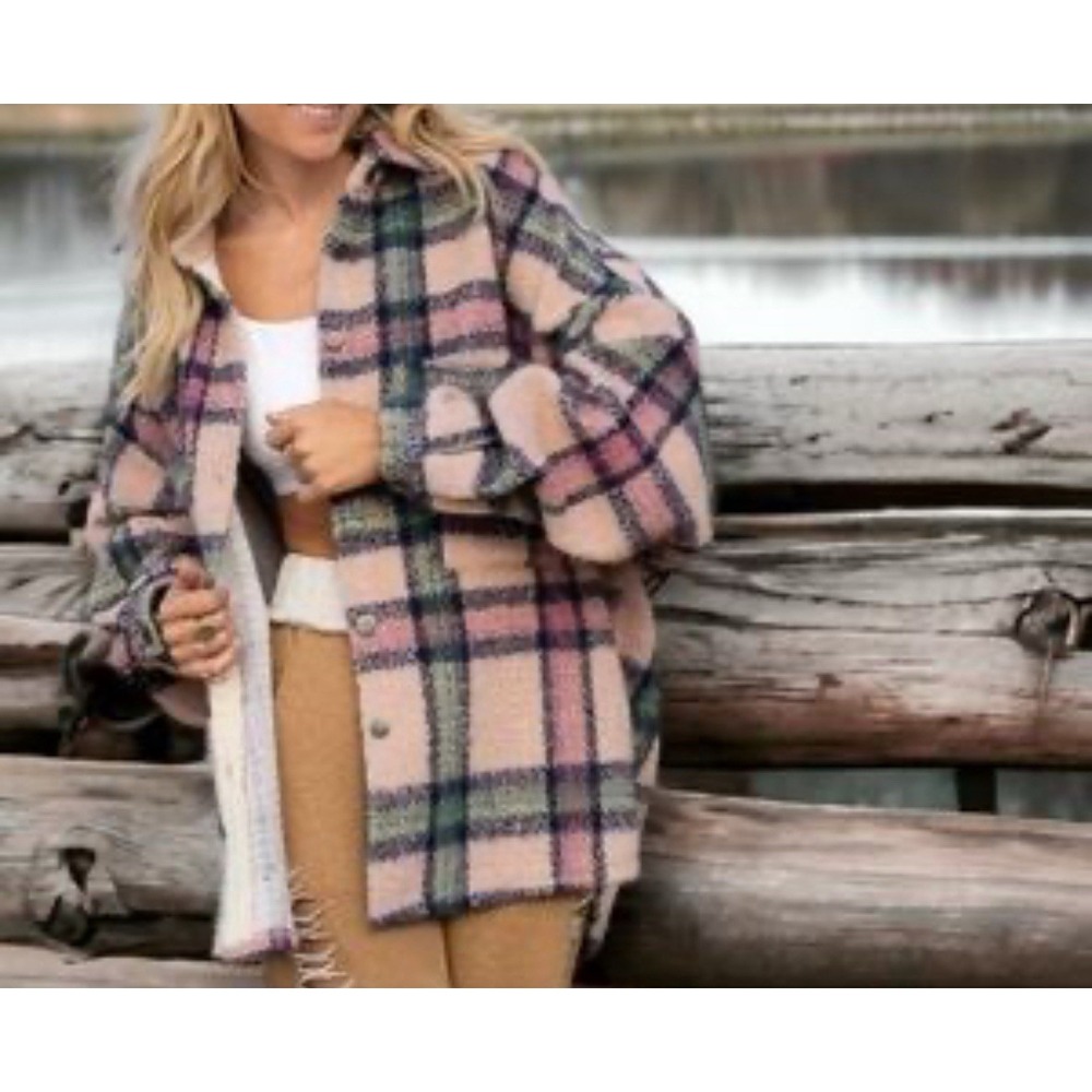 POL Button Down Jacket Pink‎ Plaid Women's Large Shacket Fuzzy Oversized Cozy